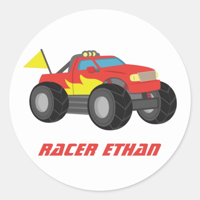 Sticker Rond Emballant le camion de monstre rouge ardent, pour (Devant)