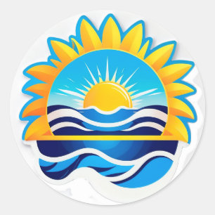 Sticker Rond Emblème du lever de soleil sur les vagues de l'océ