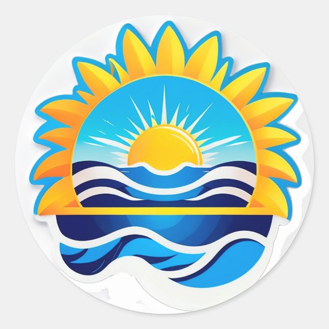 Sticker Rond Emblème du lever de soleil sur les vagues de l'océ (Devant)