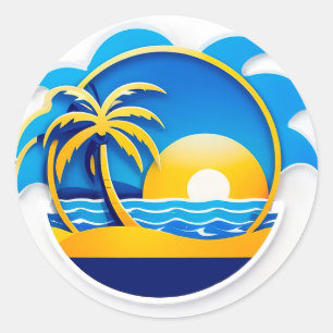 Sticker Rond Emblème du lever de soleil sur les vagues de l'océ