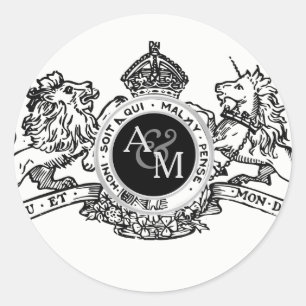 Sticker Rond Emblème noir blanc de mariage de couronne de