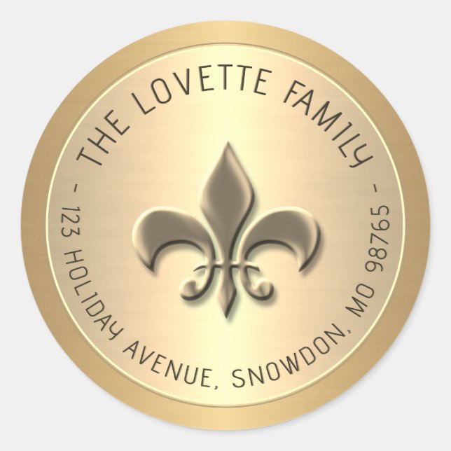 Sticker Rond Embossée Gold Fleur de Lis Holiday Adresse de reto (Devant)