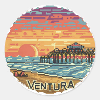 Sticker Rond Embrace the Horizon: Pixel Art Ventura Pier Sunset