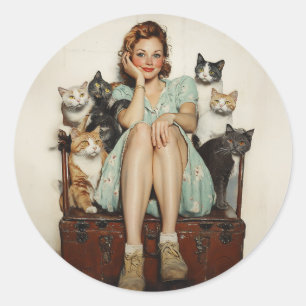 Sticker Rond Embracer les Vibes de Lady Cat Retro Crazy