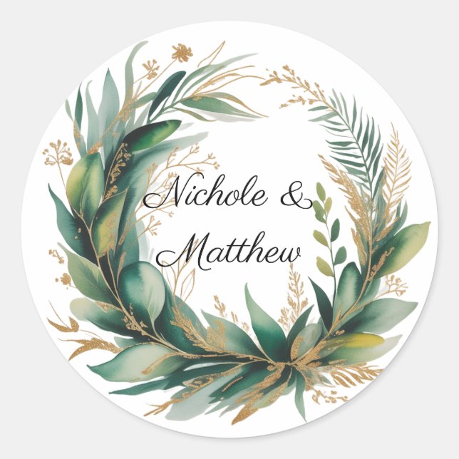 Sticker Rond Emerald Green and Gold Floral Frame Wedding (Devant)