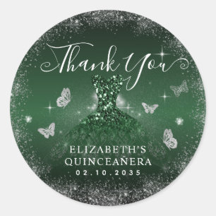 Sticker Rond Emerald Green Argent Gown Quinceañera Merci