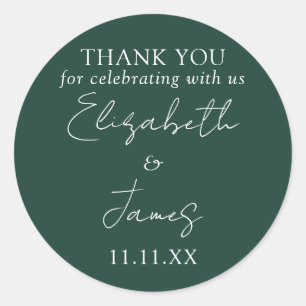 Sticker Rond Emerald Green Élégant Script Mariage Merci