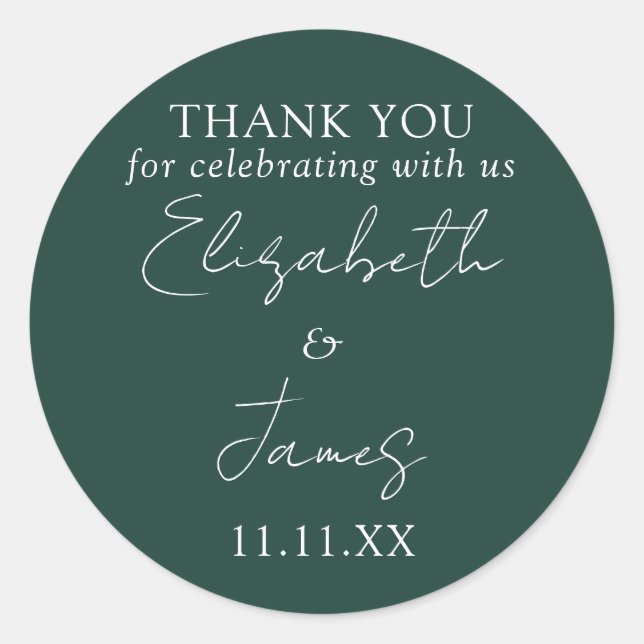 Sticker Rond Emerald Green Élégant Script Mariage Merci (Devant)