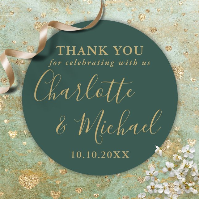 Sticker Rond Emerald Green Et Gold Wedding Favoriser Merci (Emerald Green And Gold Wedding Favor Thank You Classic Round Sticker)