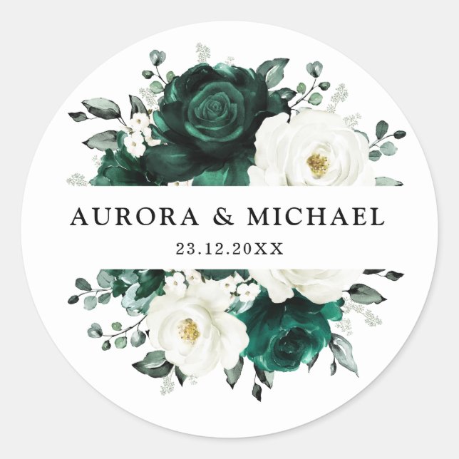 Sticker Rond Emerald Green Eucalyptus Blanc Floral Mariage (Devant)
