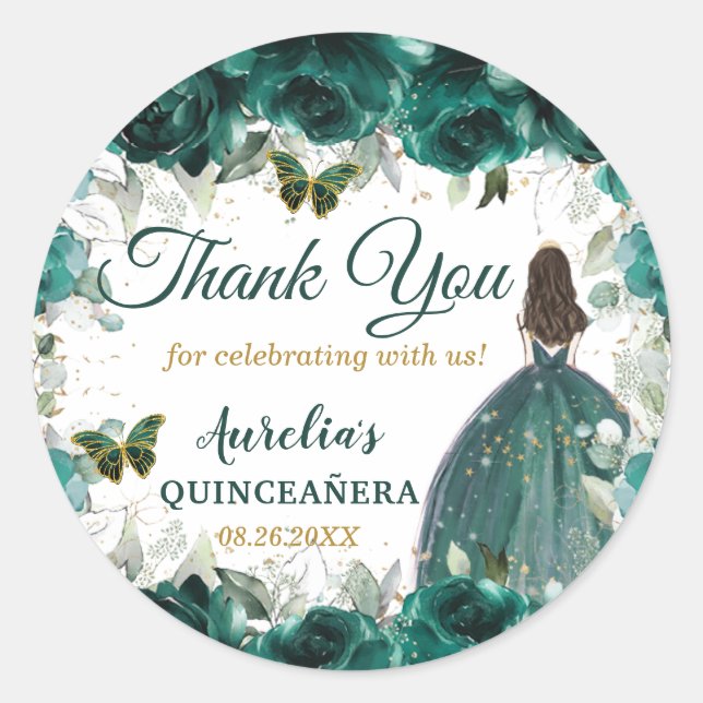 Sticker Rond Emerald Green Floral Butterflies Princess Favess (Devant)