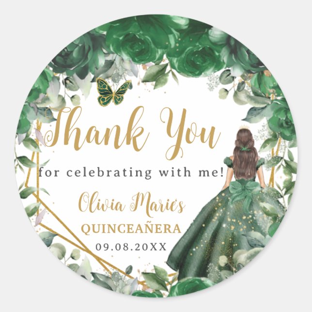 Sticker Rond Emerald Green Floral Princess Quinceañera Favorise (Devant)