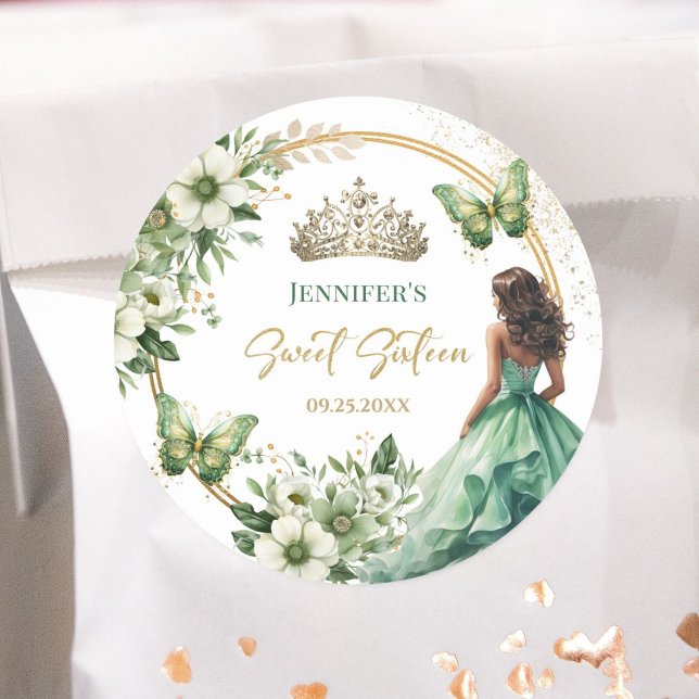 Sticker Rond Emerald Green Girl Princess Tiara Floral Sweet 16 (Créateur téléchargé)