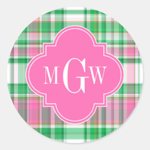 Sticker Rond Emerald Green Hot Pink Wht Preppy Madras