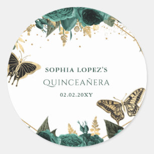 Sticker Rond Emerald Green Or Floral Elegant Quinceanera