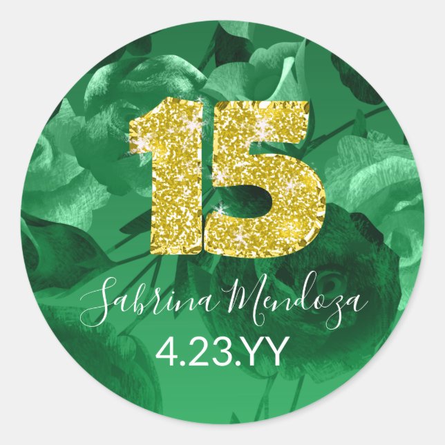 Sticker Rond Emerald Green Quinceanera Gold #15 (Devant)