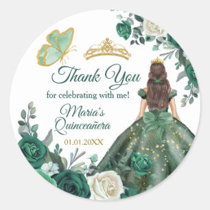 Sticker Rond Emerald Green Quinceañera Gold Crown