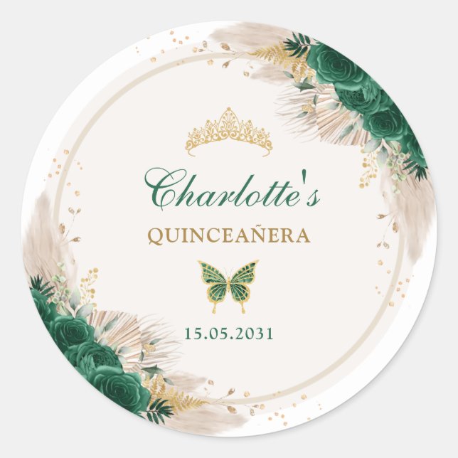 Sticker Rond Emerald Green Quinceanera Princess Miss Quince 15 (Devant)