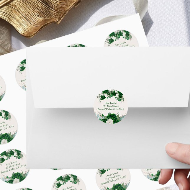 Sticker Rond Emerald Green Roses et Eucalytus Nom et adresse (Address stickers from the Royal Rose Emerald Green Quinceanera Collection by Darling & May)