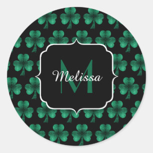 Sticker Rond Emerald Green Sparkle Shamrock noir Monogramme