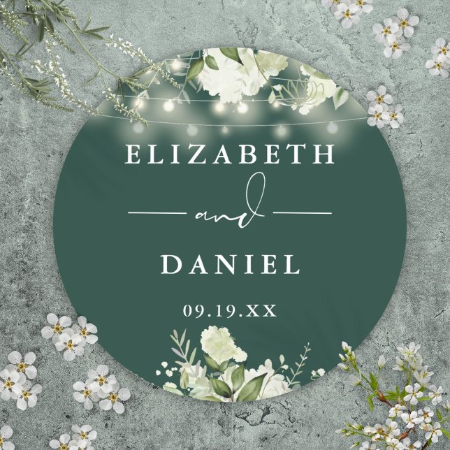 Sticker Rond Emerald Greenery String Lights Mariage Faveur (Emerald Greenery String Lights Wedding Favor Classic Round Sticker)