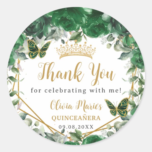 Sticker Rond Émeraude Vert Floral Papillons Quinceañera Favoris (Devant)