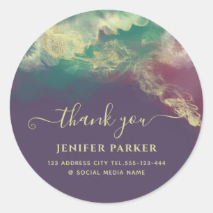 Sticker Rond Émeraude vert or aquarelle script merci