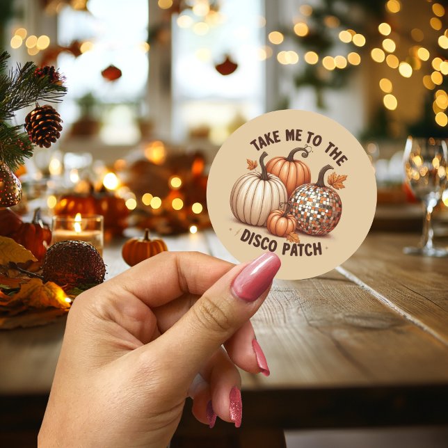 Sticker Rond Emmenez-moi aux citrouilles d'aquarelle Disco Patc (Take me to the Disco Patch watercolor pumpkins Classic Round Sticker)