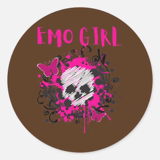 Sticker Rond Emo Girl Pink Crâne Emo Goth Ados de musique (Devant)