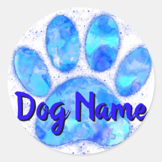 Sticker Rond Empreinte de patte de chien d'aquarelle bleu avec 