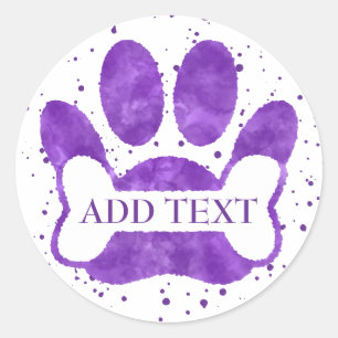 Sticker Rond Empreinte De Patte De Chien Et Os Violet Aquarelle