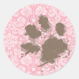Sticker Rond Empreinte drôle sur Bubble Gum rose Damask