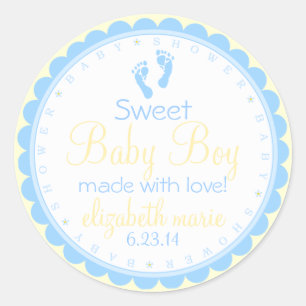 Sticker Rond Empreintes-Bleu et Baby shower Jaune