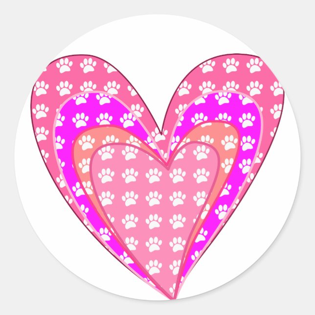Sticker Rond Empreintes de pattes De Chiens Et Coeurs Roses (Devant)
