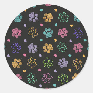 Sticker Rond Empreintes de pattes de doodles colorés