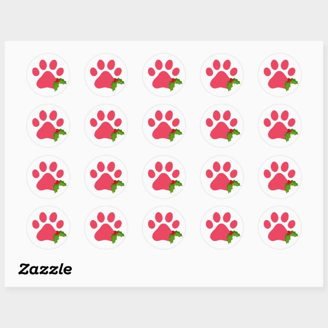Sticker Rond Empreintes de pattes de Noël Holly Holiday Animaux (Feuille)