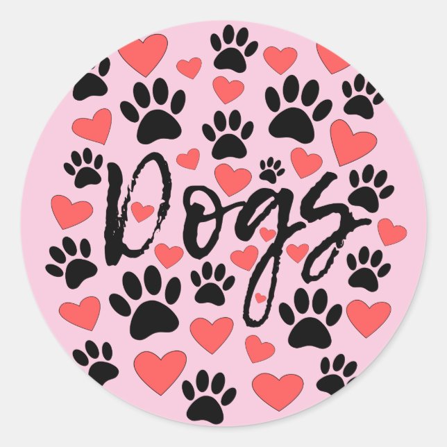 Sticker Rond Empreintes de pattes noirs Coeurs rouges Typograph (Devant)