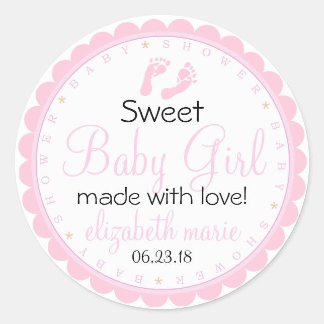 Sticker Rond Empreintes roses Baby shower Couché de Saint-Jacqu (Devant)