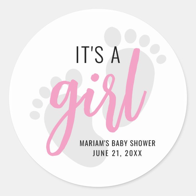 Sticker Rond Empreintes roses mignonnes C’est un Baby shower fé (Devant)