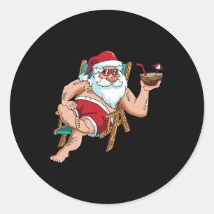 Sticker Rond En Juillet Père Noël Sur La Plage Fête De L'Indépe