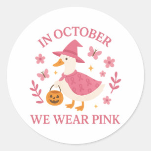 Sticker Rond En Octobre Nous Portons Rose Oie Sorcière Hallowee
