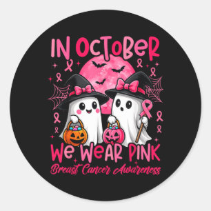 Sticker Rond En Octobre Portez un Fantôme Rose pour la Sensibil