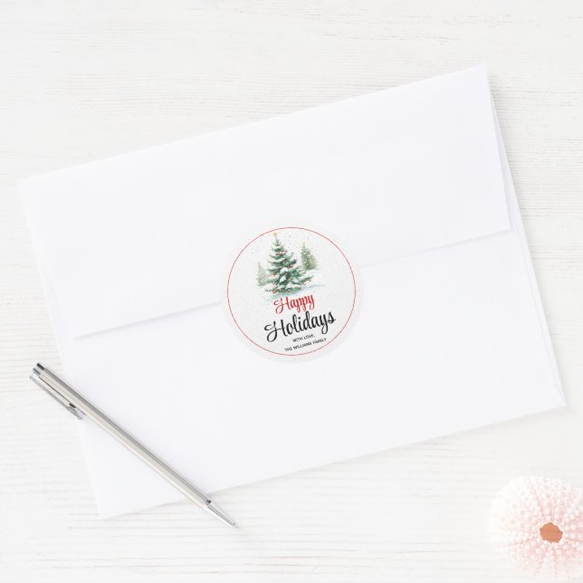 Sticker Rond En plein air sapin de Noël Joyeuses fêtes (Enveloppe)