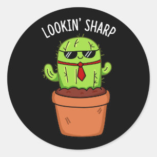 Sticker Rond En regardant Sharp Funny Cactus Pun Dark BG