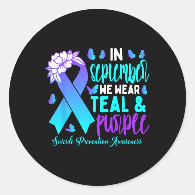 Sticker Rond En Septembre Nous Portons Turquoise Ribbon Suicide (Devant)