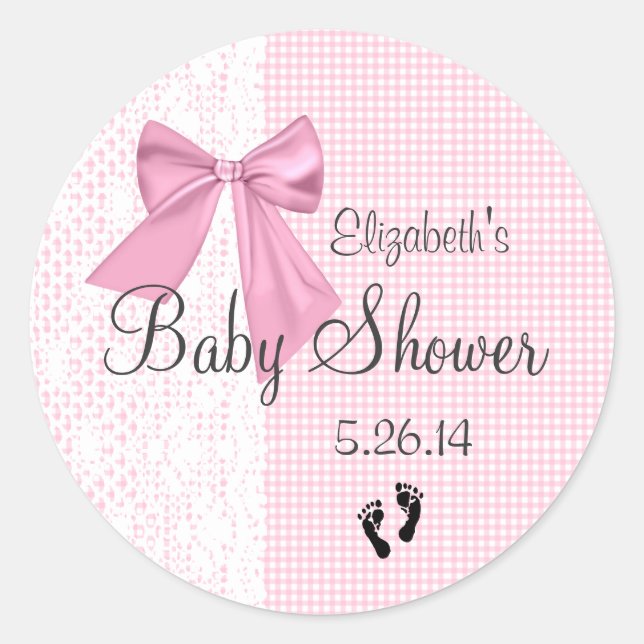 Sticker Rond En vichy Bow rose et Baby shower dentelle Favorise (Devant)
