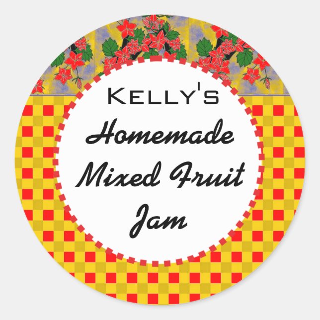 Sticker Rond en vichy confiture de fruits mélangés à fleurs éti (Devant)