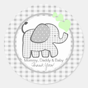 Sticker Rond en vichy Eléphant aux Coeurs verts