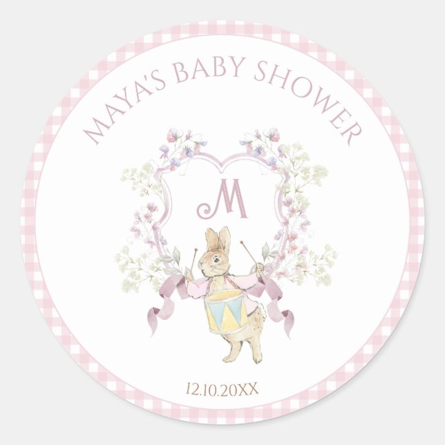 Sticker Rond En vichy rose Pierre le Baby shower de monographie (Devant)