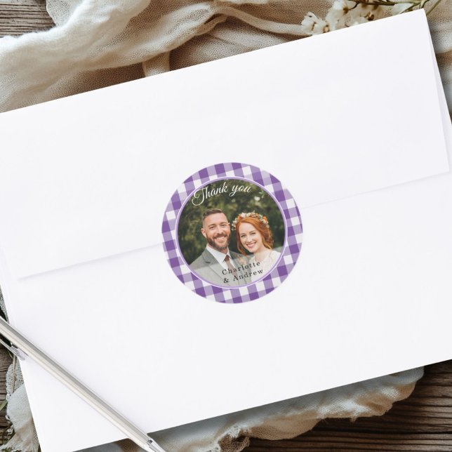 Sticker Rond En vichy violet photo Merci (Purple Gingham Thank you Photo Classic Round Sticker)